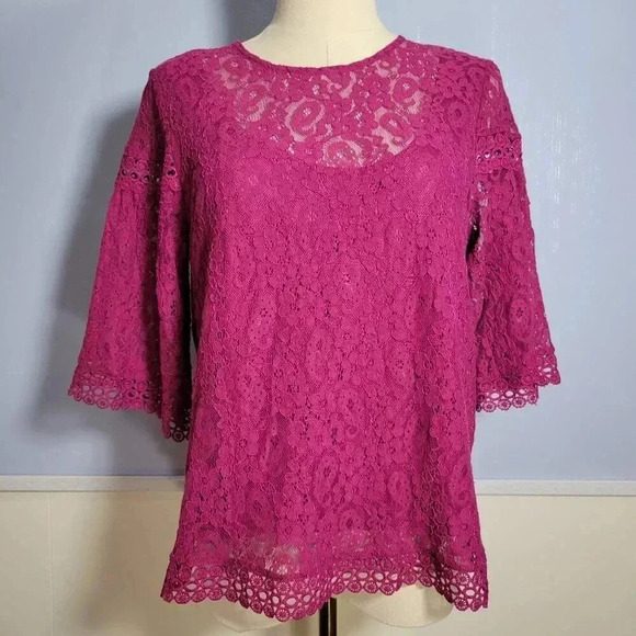 Laundry by Shelli Segal Small Bright Pink Sheer Floral Lace Lined Dressy Blouse - Picture 1 of 12